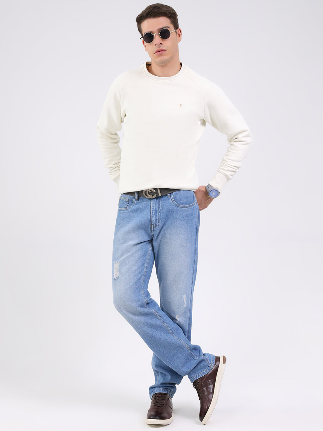 Luxuria Men Cream Solid Round Neck Full Sleeve Sweatshirt