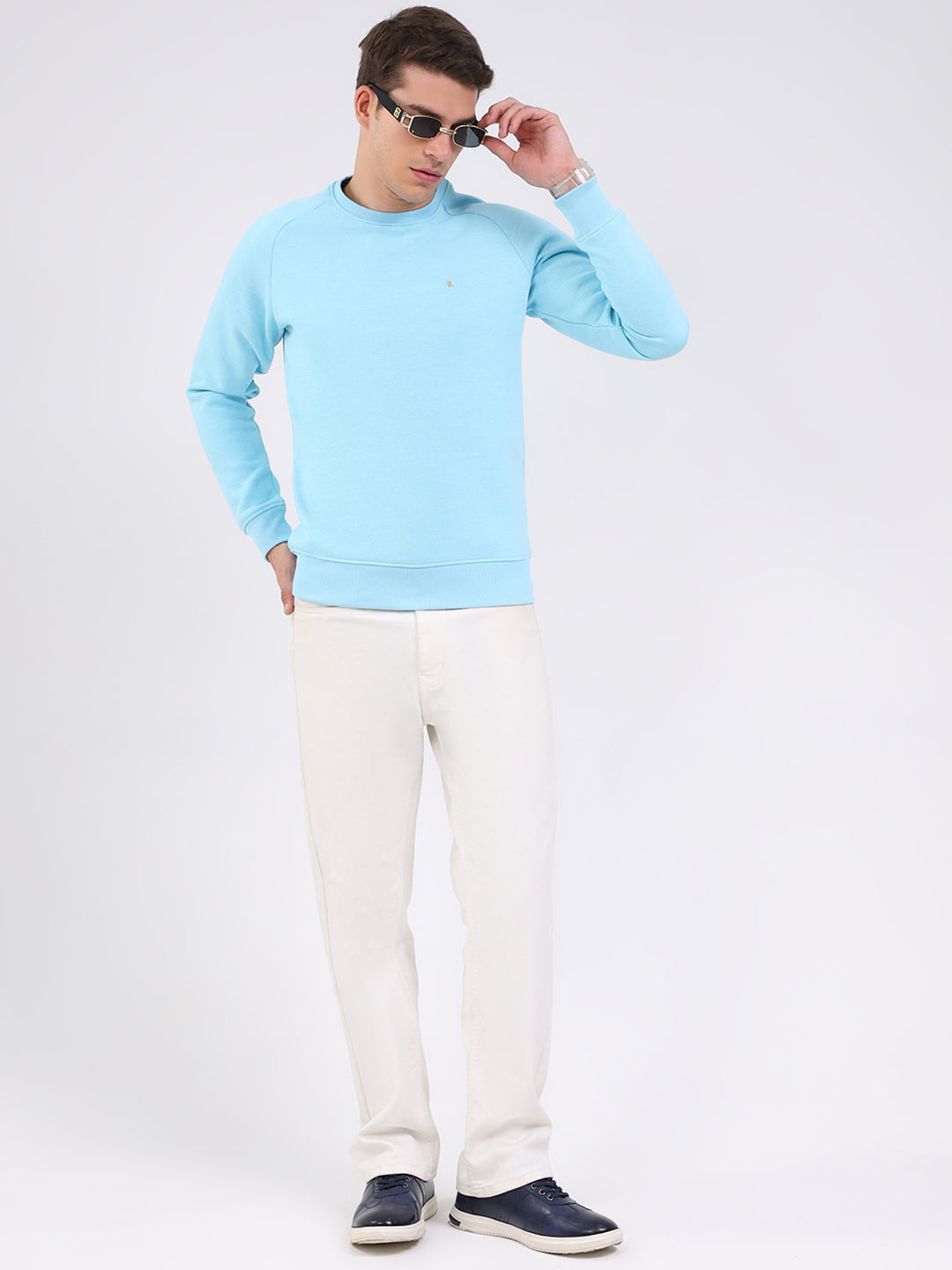 Luxuria Men Sky Blue Solid Round Neck Full Sleeve Sweatshirt