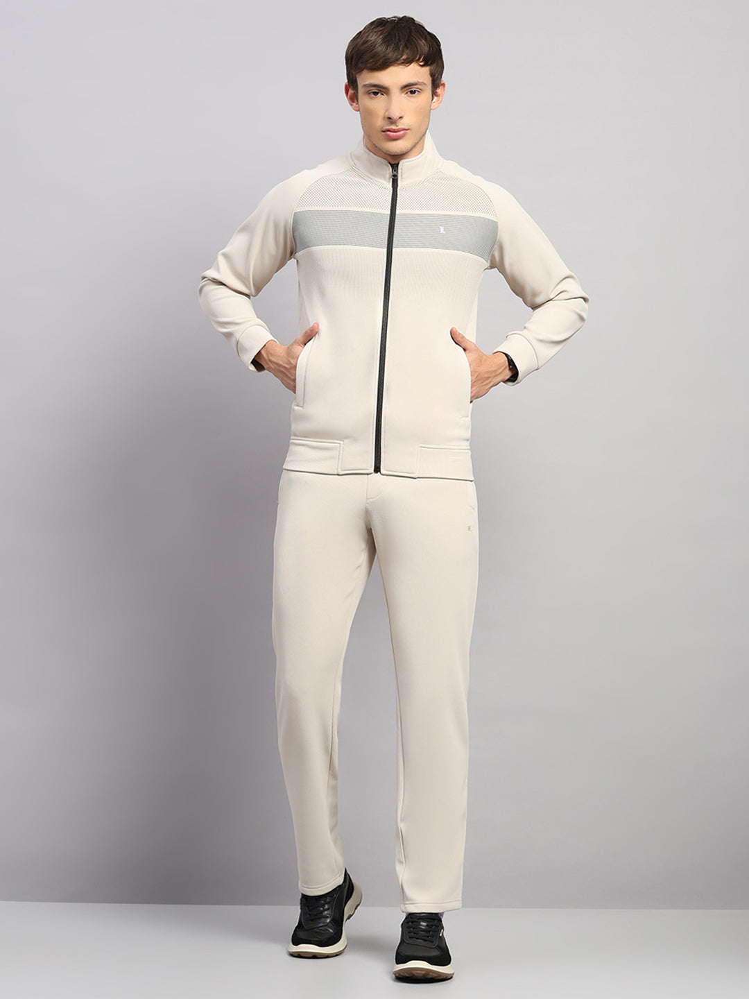 Luxuria Men Beige Solid Collar Full Sleeve Winter Tracksuit