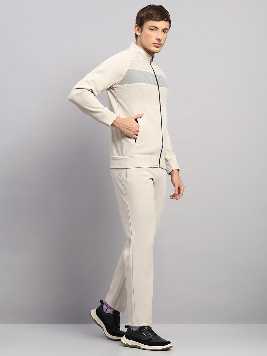 Luxuria Men Beige Solid Collar Full Sleeve Winter Tracksuit