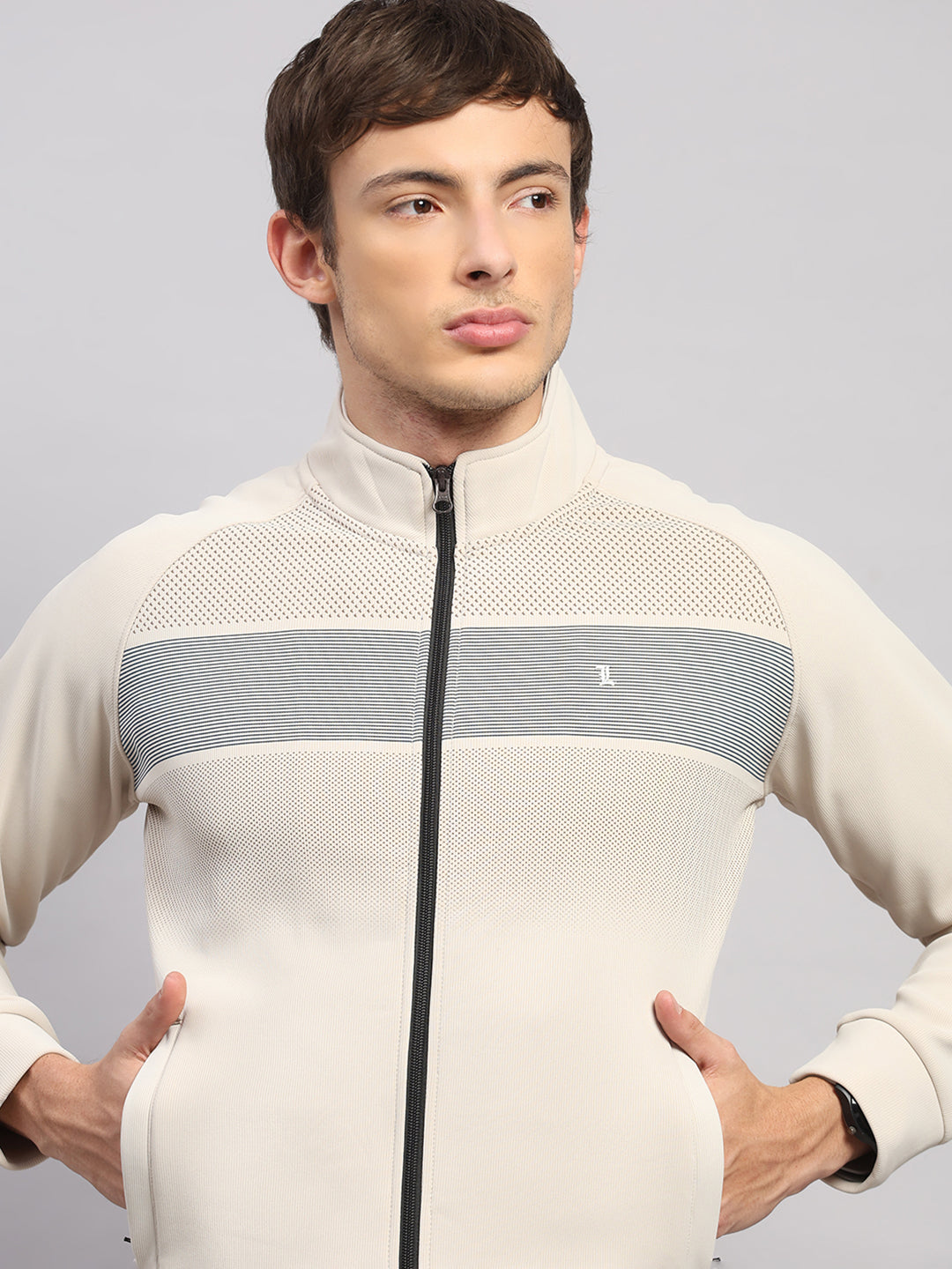 Luxuria Men Beige Solid Collar Full Sleeve Winter Tracksuit