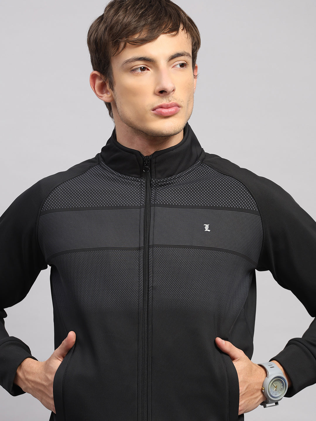 Luxuria Men Black Solid Collar Full Sleeve Winter Tracksuit