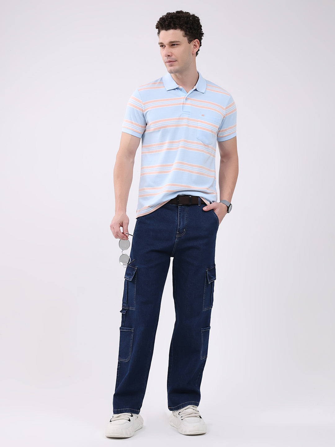 Men Sky Blue Stripe Collar Half Sleeve T-Shirt