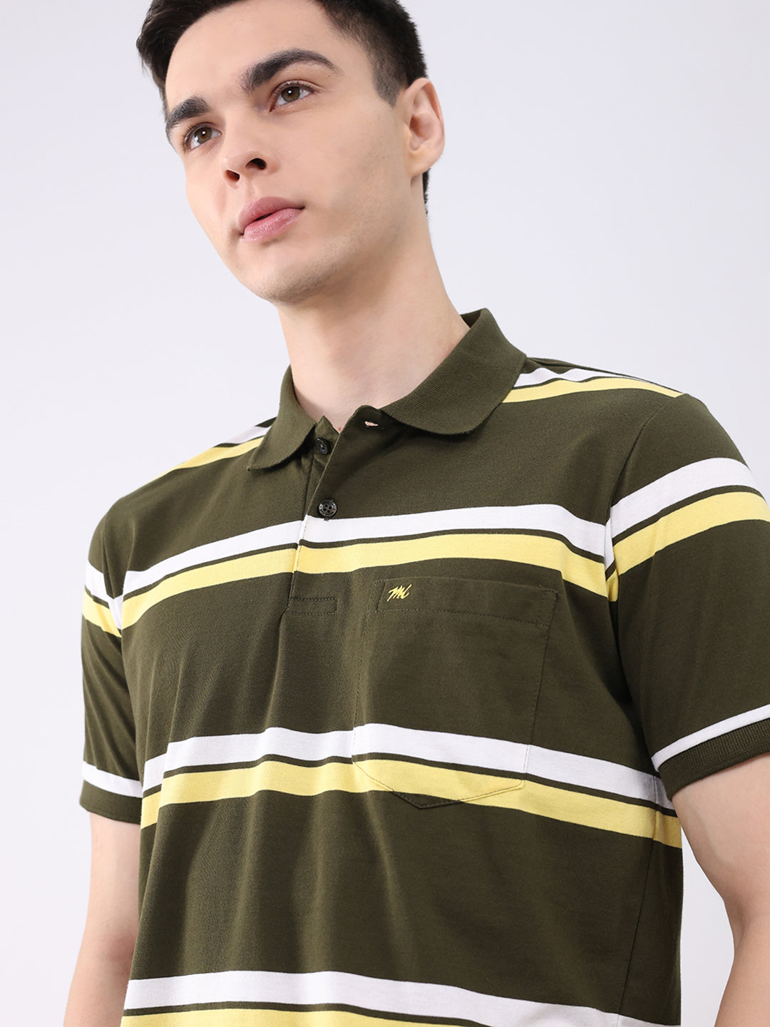 Men Olive Stripe Collar Half Sleeve T-Shirt