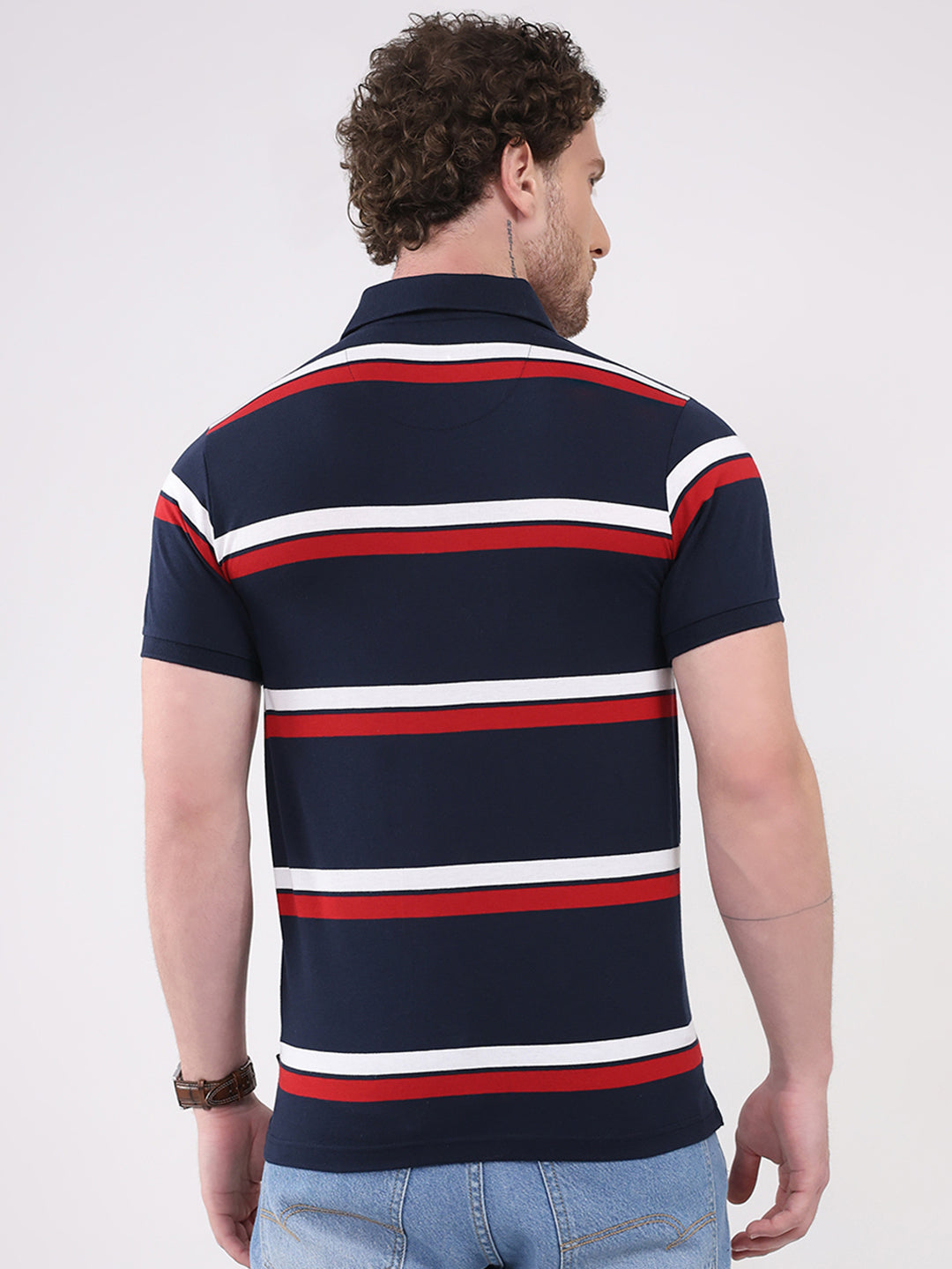 Men Navy Blue Stripe Collar Half Sleeve T-Shirt