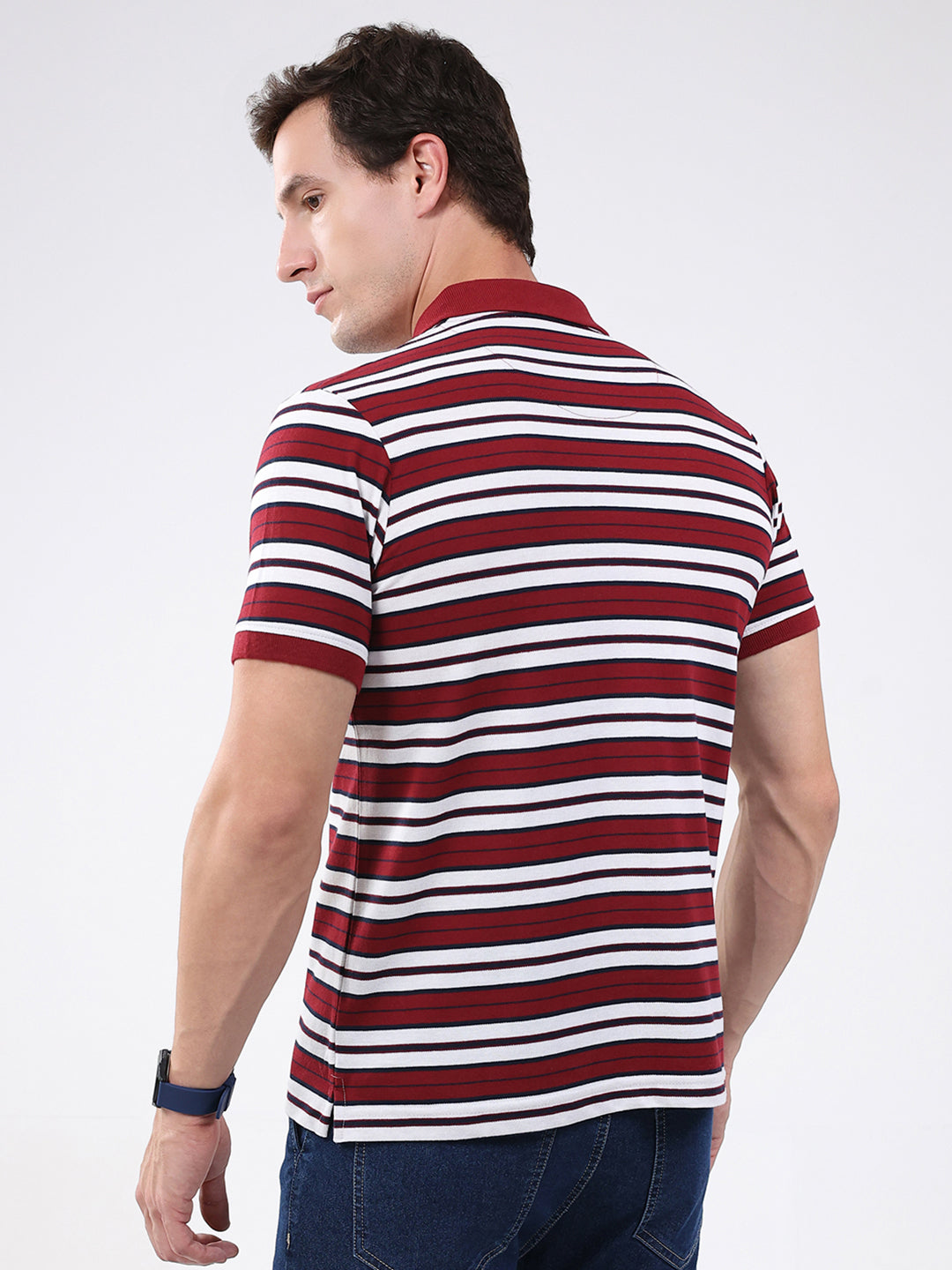 Men Maroon Stripe Collar Half Sleeve T-Shirt