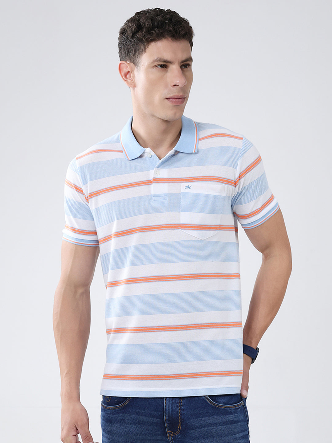 Men Blue Stripe Collar Half Sleeve T-Shirt