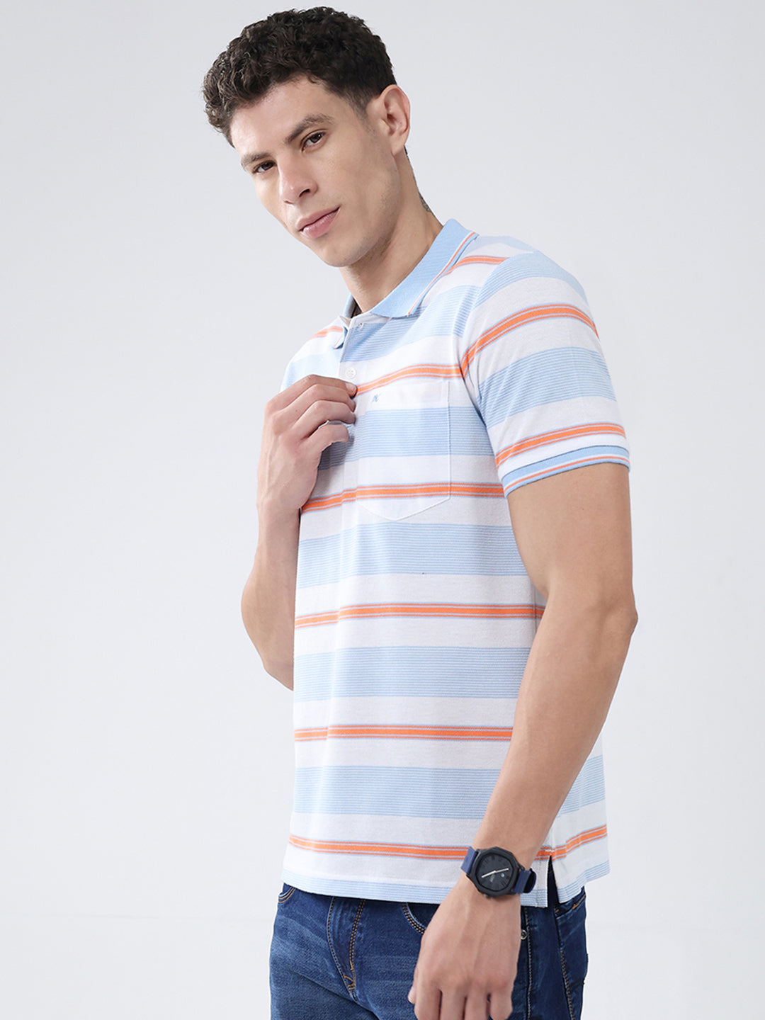 Men Blue Stripe Collar Half Sleeve T-Shirt
