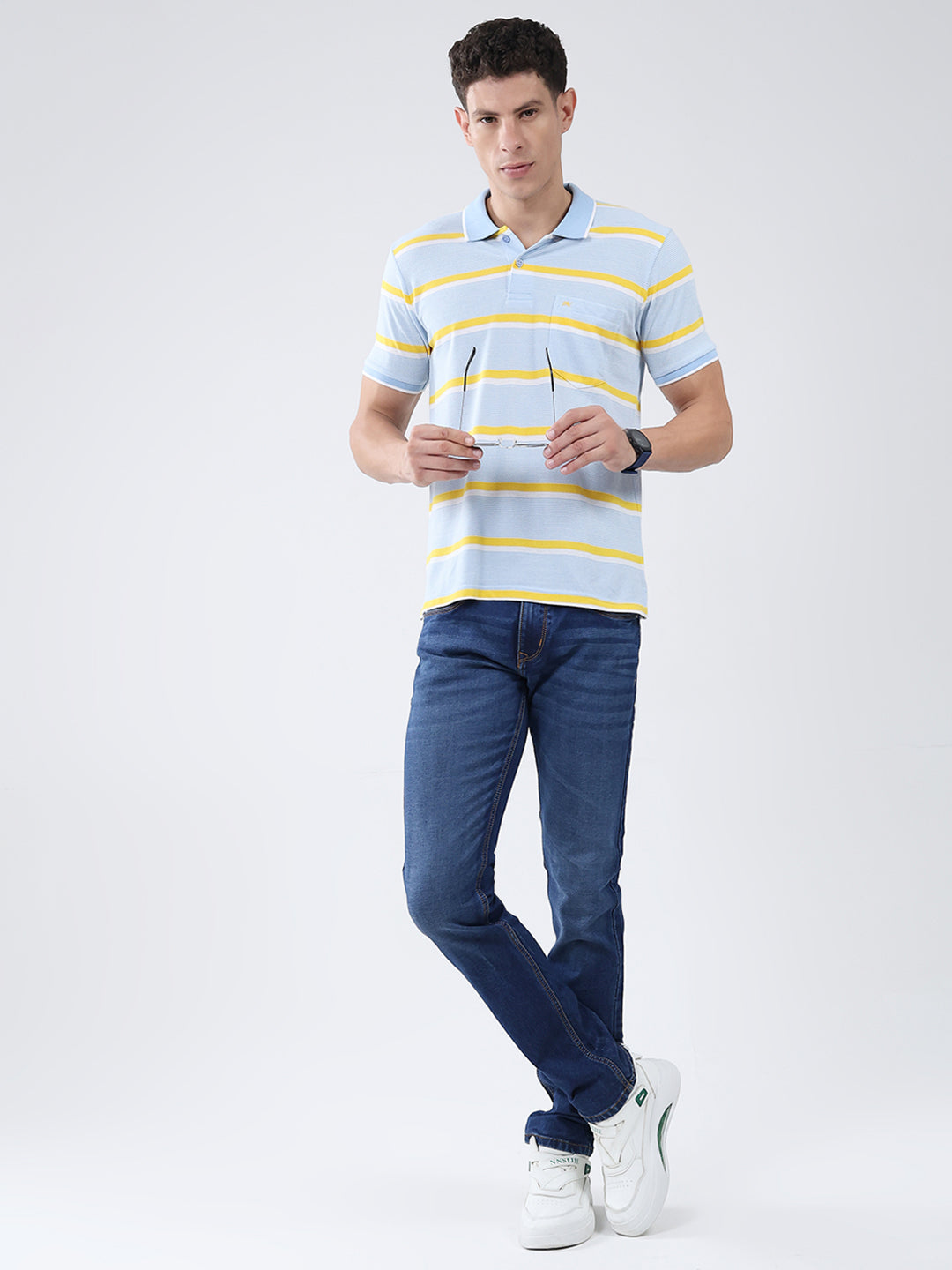 Men Blue Stripe Collar Half Sleeve T-Shirt