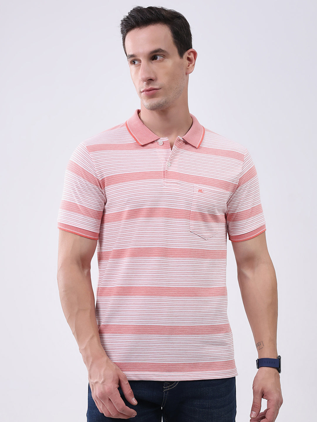 Men Peach Stripe Collar Half Sleeve T-Shirt