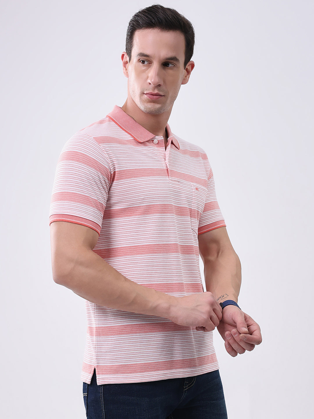 Men Peach Stripe Collar Half Sleeve T-Shirt