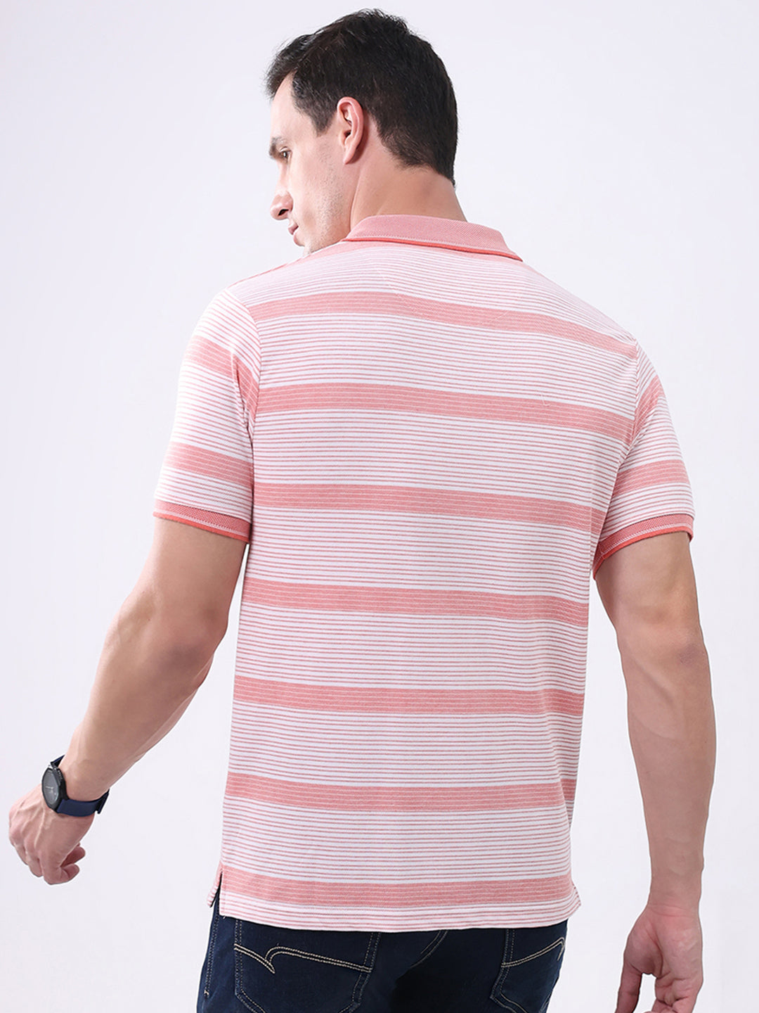 Men Peach Stripe Collar Half Sleeve T-Shirt
