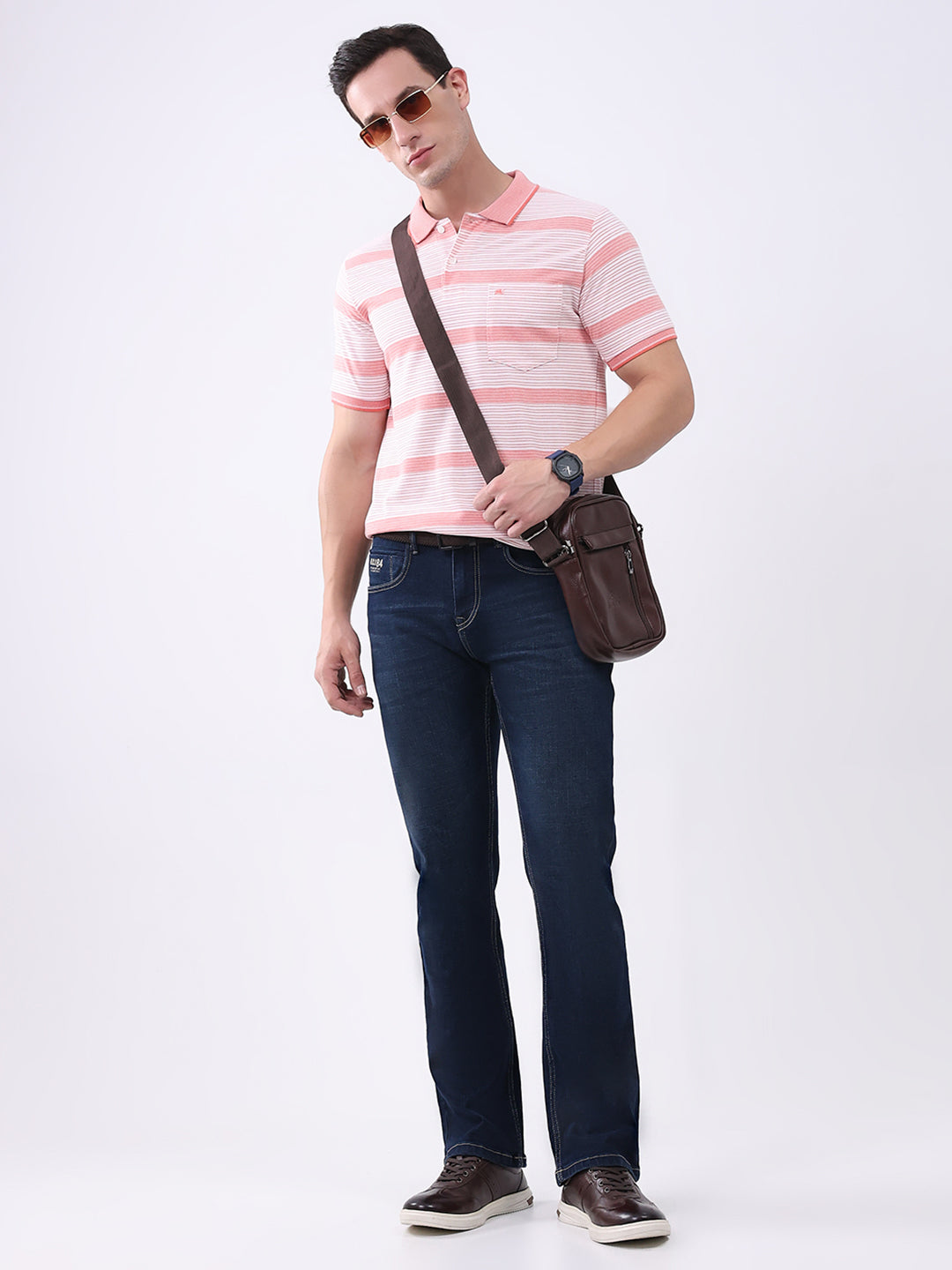 Men Peach Stripe Collar Half Sleeve T-Shirt