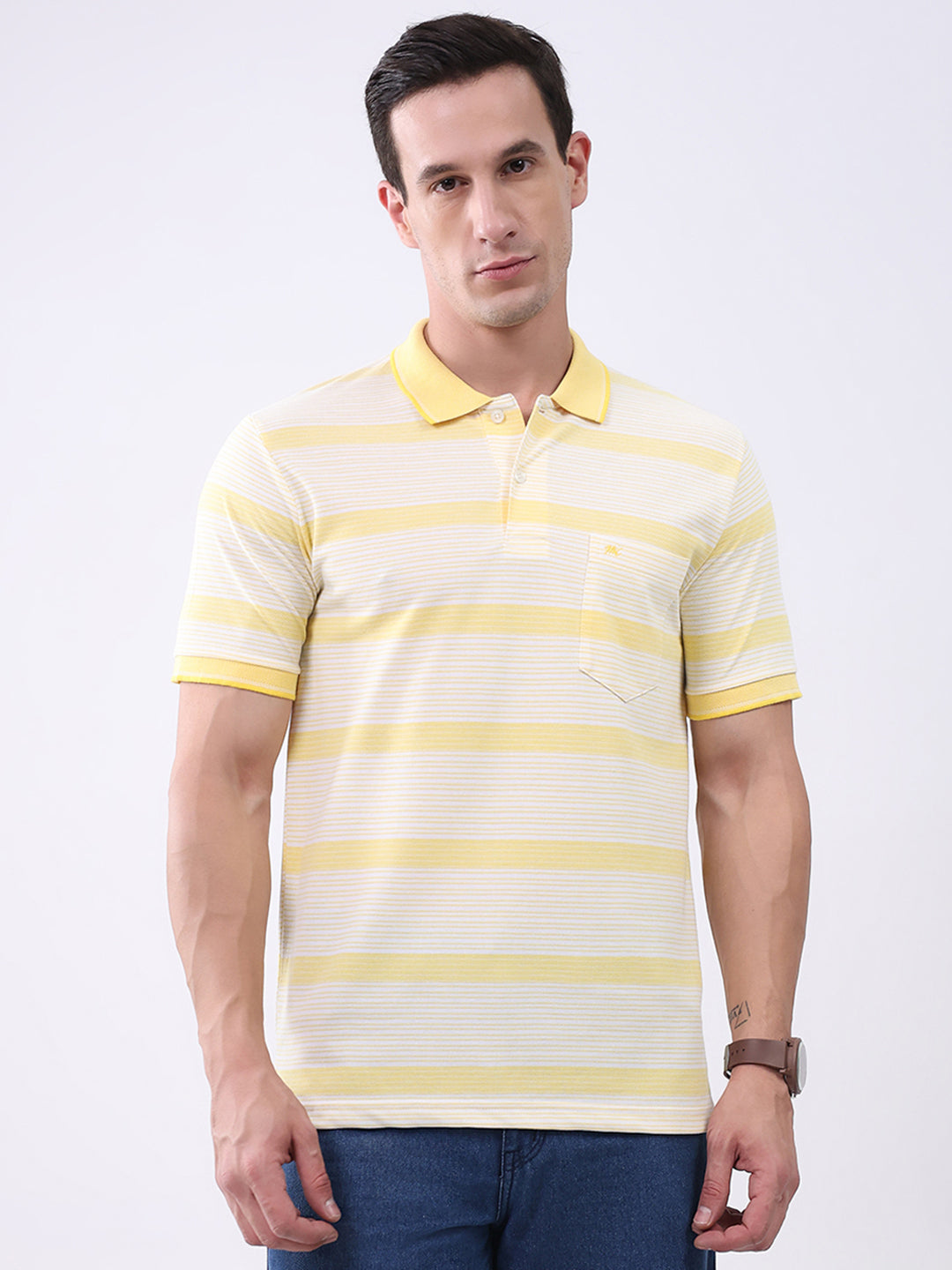 Men Yellow Stripe Collar Half Sleeve T-Shirt