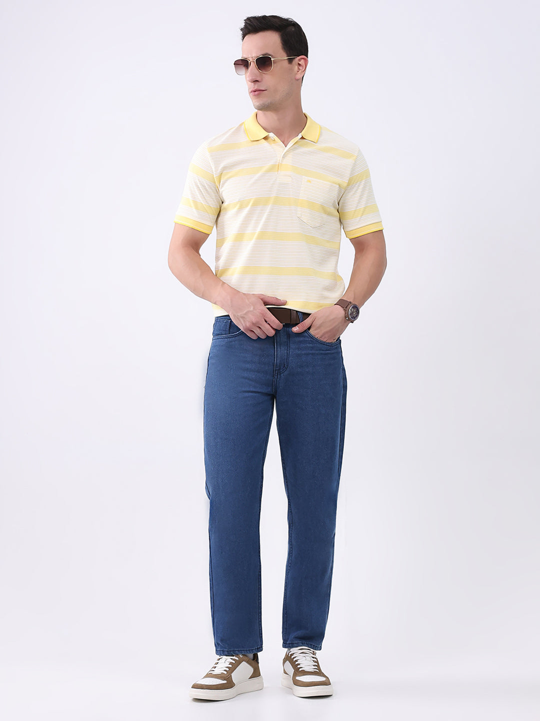 Men Yellow Stripe Collar Half Sleeve T-Shirt