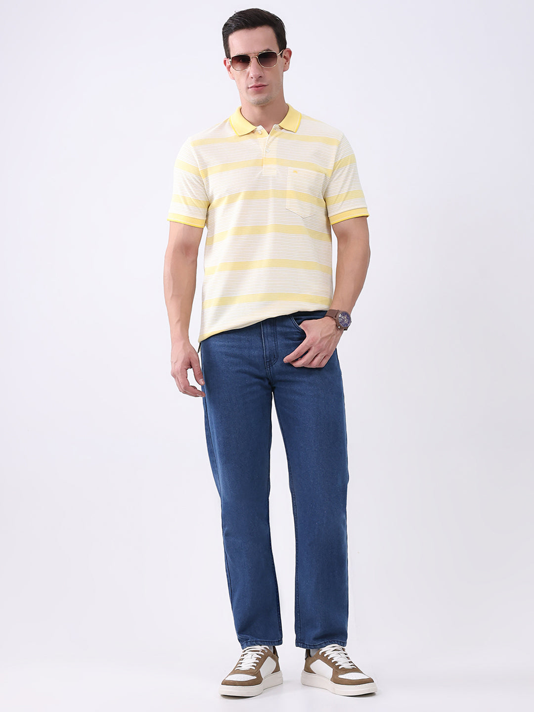 Men Yellow Stripe Collar Half Sleeve T-Shirt