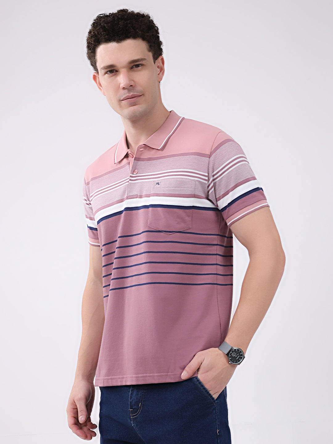 Men Pink Stripe Collar Half Sleeve T-Shirt