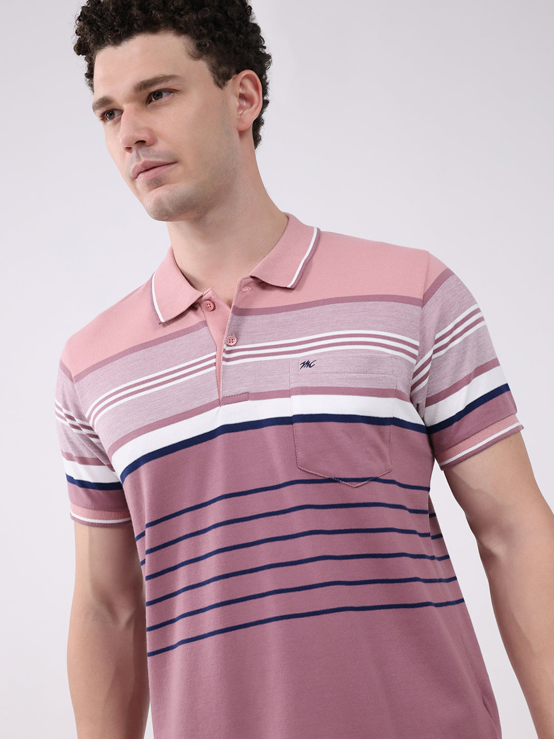 Men Pink Stripe Collar Half Sleeve T-Shirt