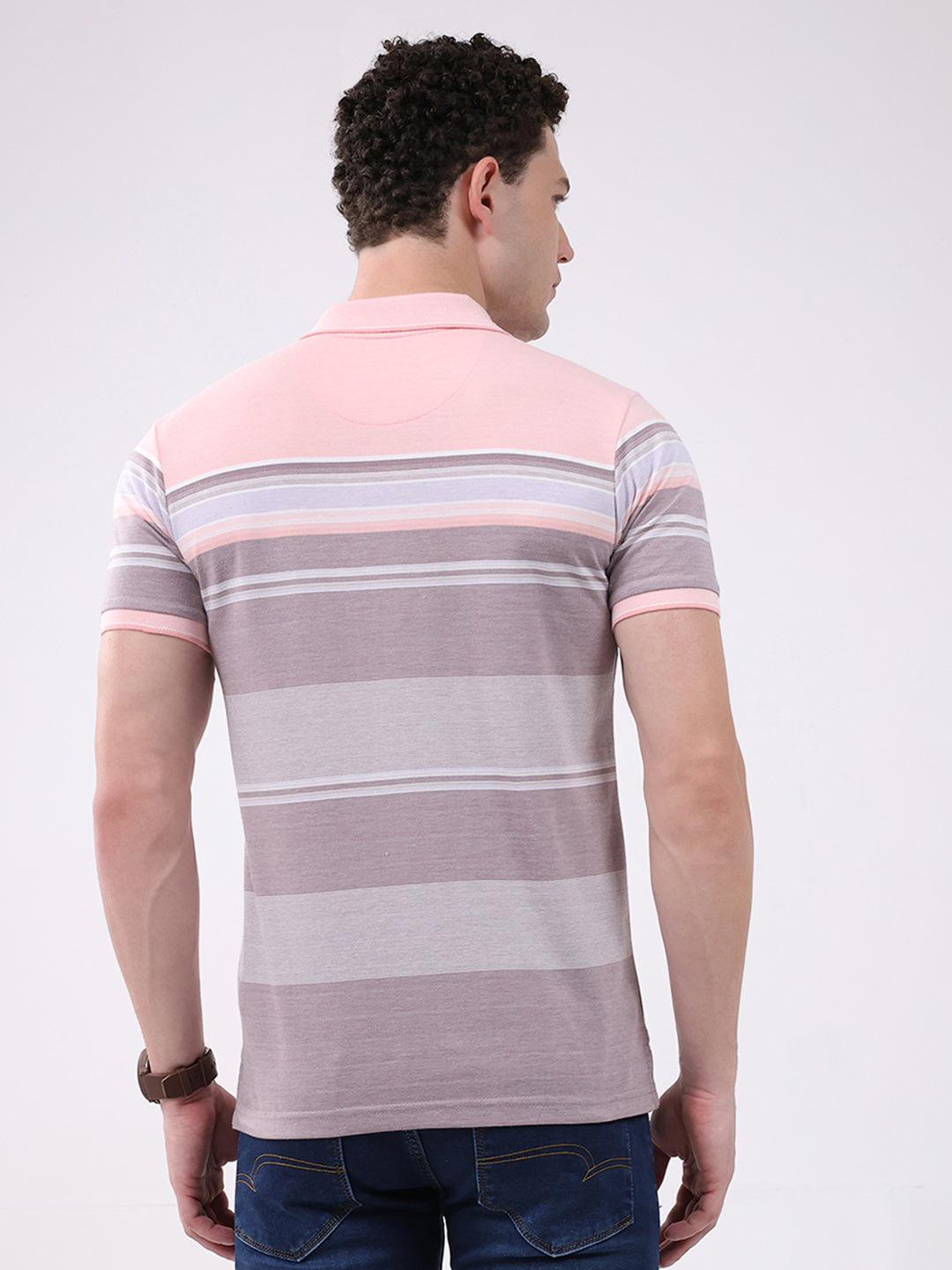 Men Pink Stripe Collar Half Sleeve T-Shirt