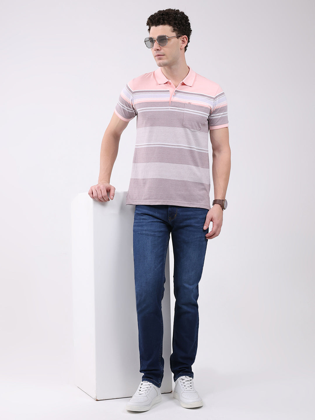 Men Pink Stripe Collar Half Sleeve T-Shirt