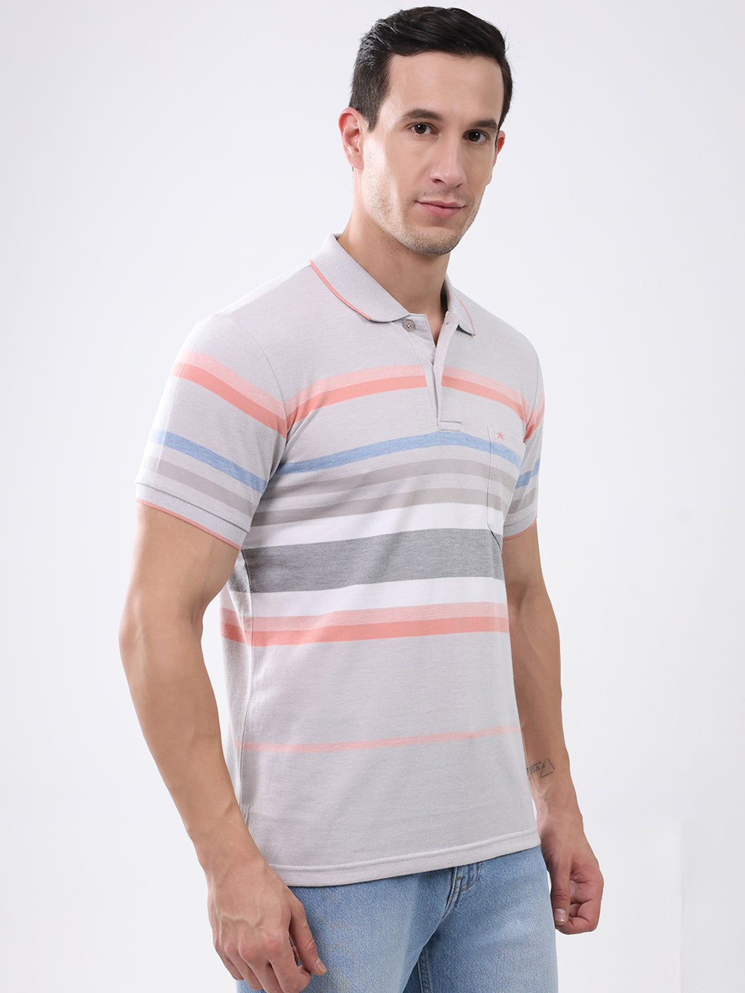 Men Grey Stripe Collar Half Sleeve T-Shirt