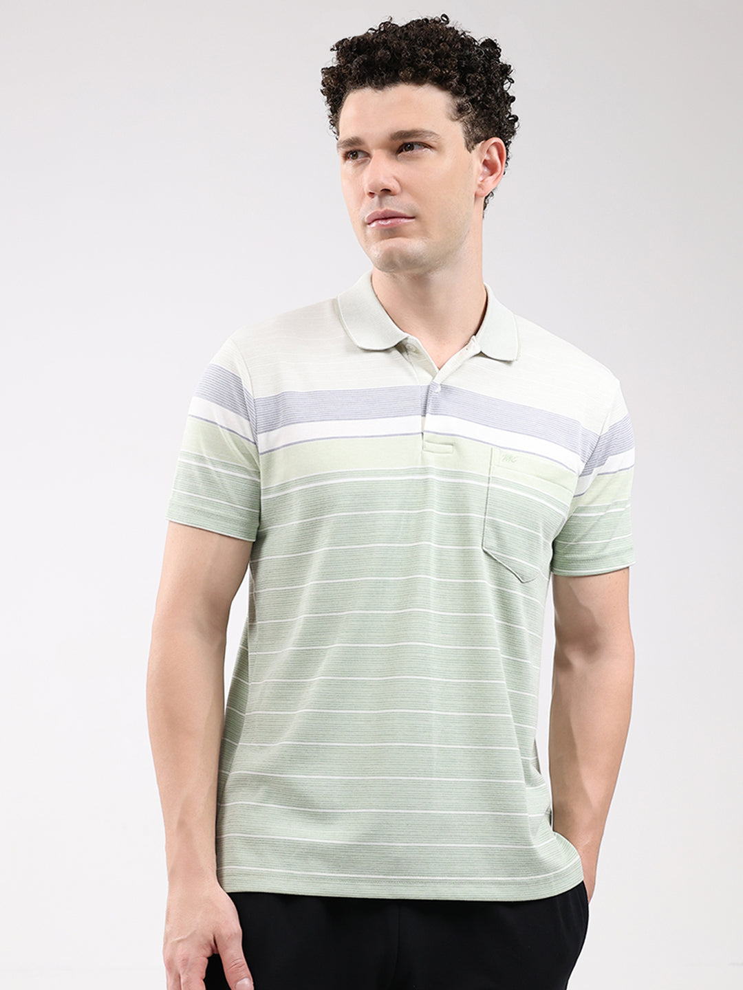 Men Green Stripe Collar Half Sleeve T-Shirt
