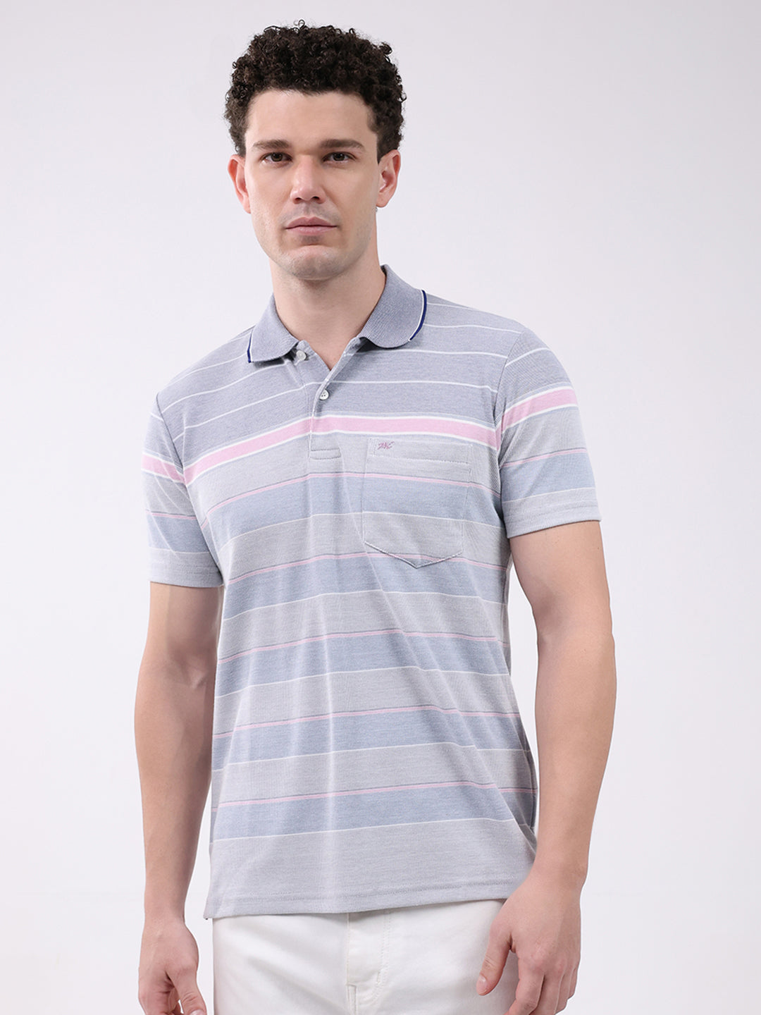 Men Blue Stripe Collar Half Sleeve T-Shirt