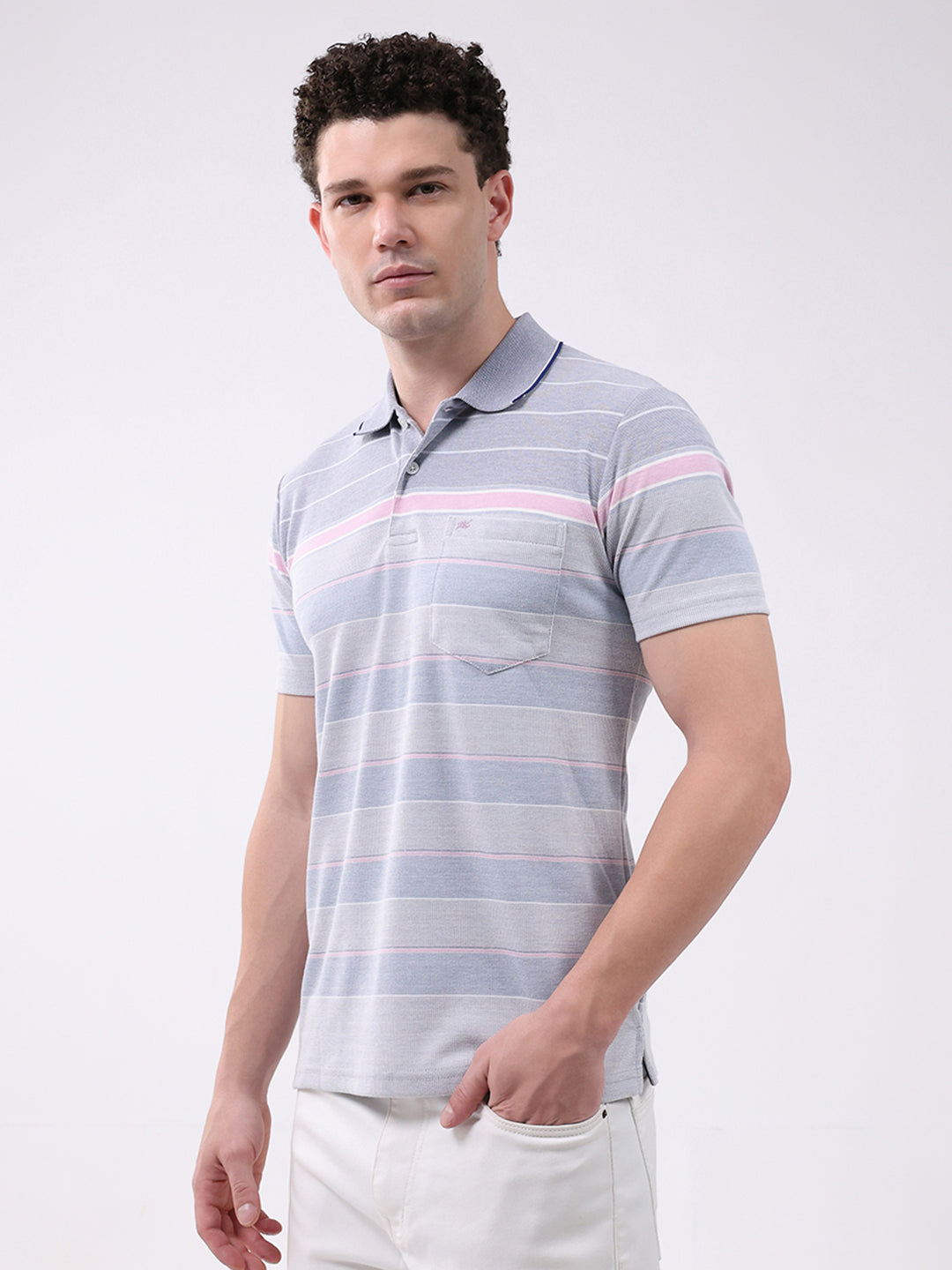 Men Blue Stripe Collar Half Sleeve T-Shirt
