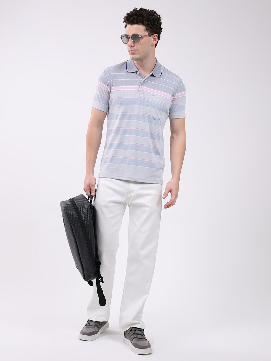 Men Blue Stripe Collar Half Sleeve T-Shirt