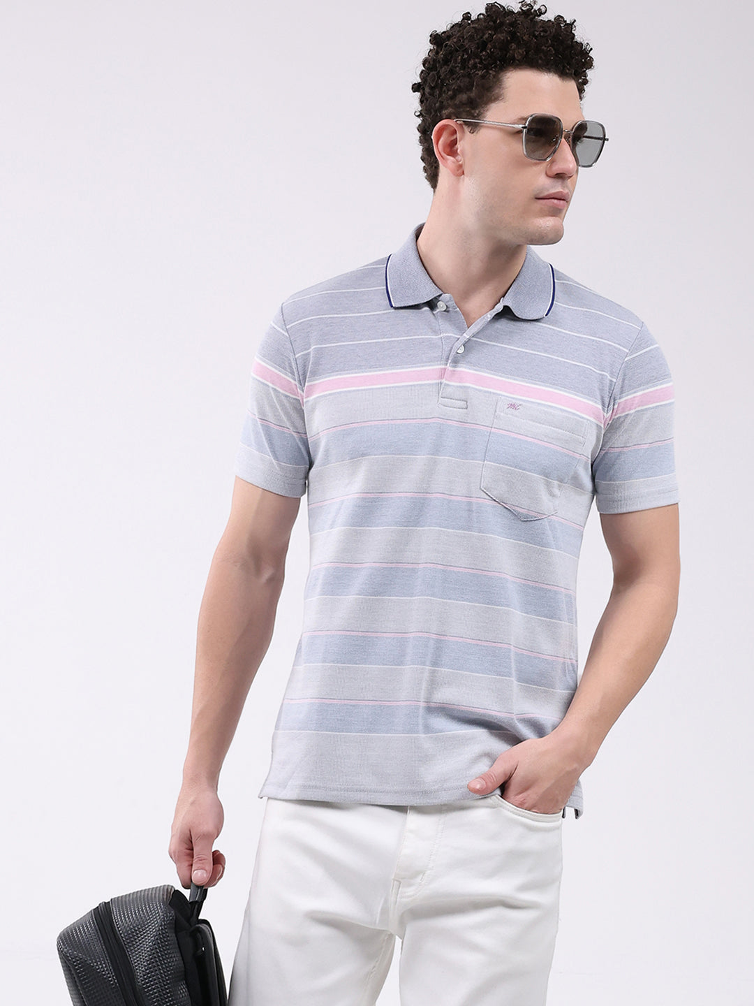 Men Blue Stripe Collar Half Sleeve T-Shirt