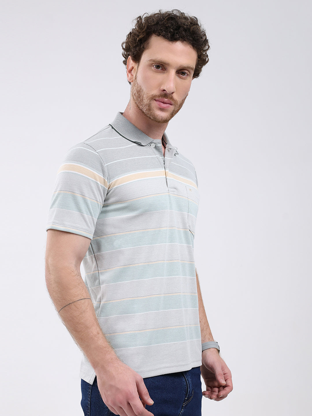 Men Green Stripe Collar Half Sleeve T-Shirt