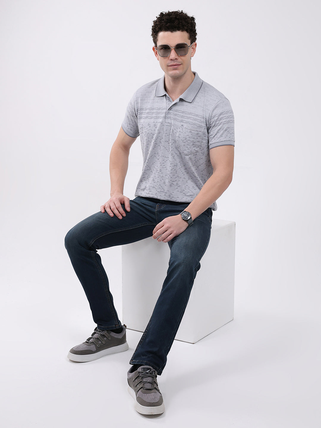 Men Grey Stripe Collar Half Sleeve T-Shirt