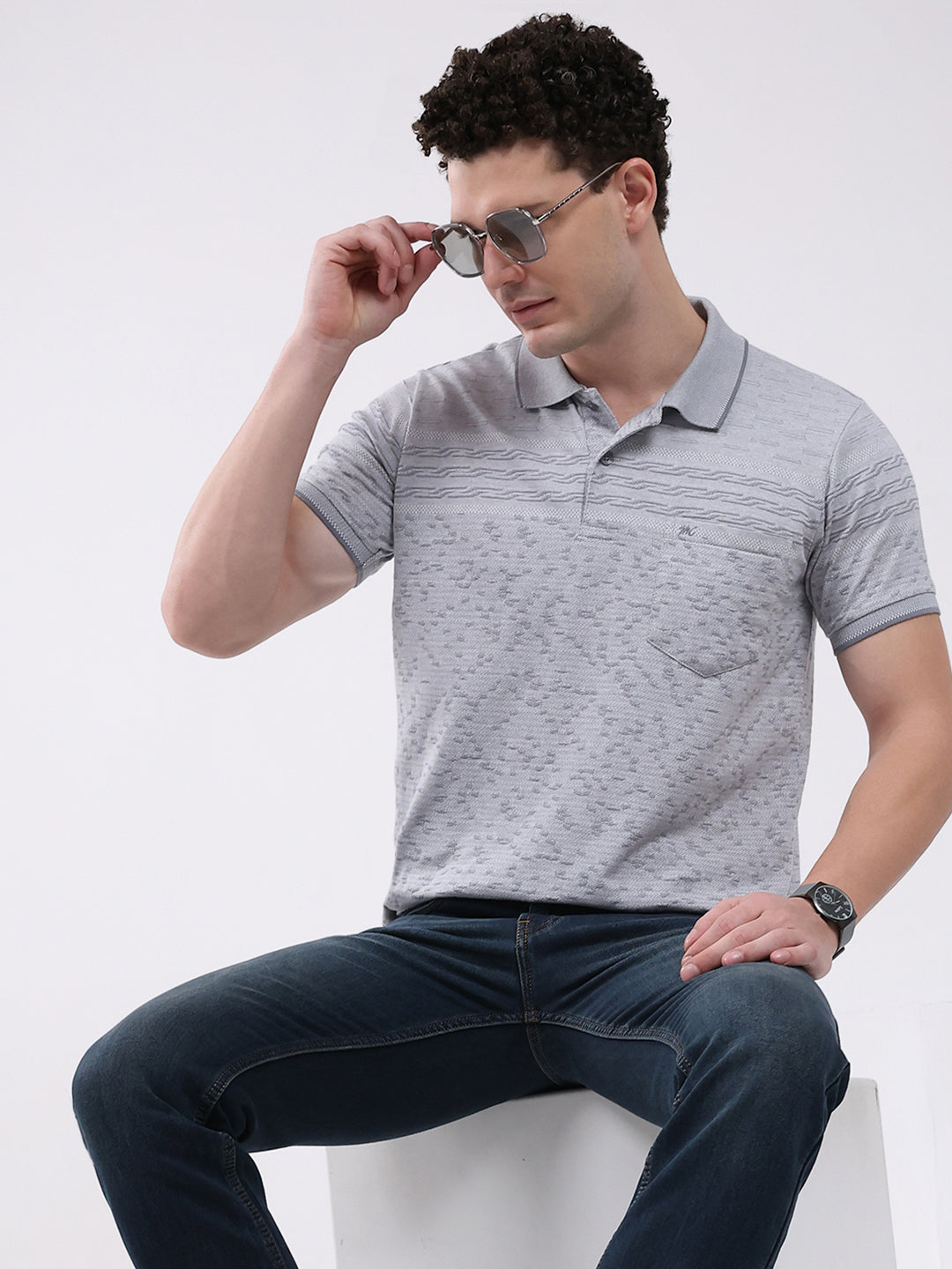 Men Grey Stripe Collar Half Sleeve T-Shirt