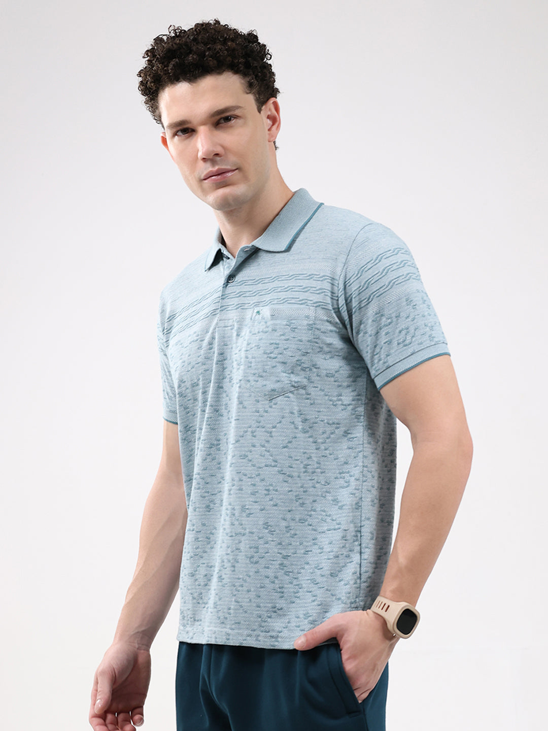 Men Turquoise Blue Stripe Collar Half Sleeve T-Shirt