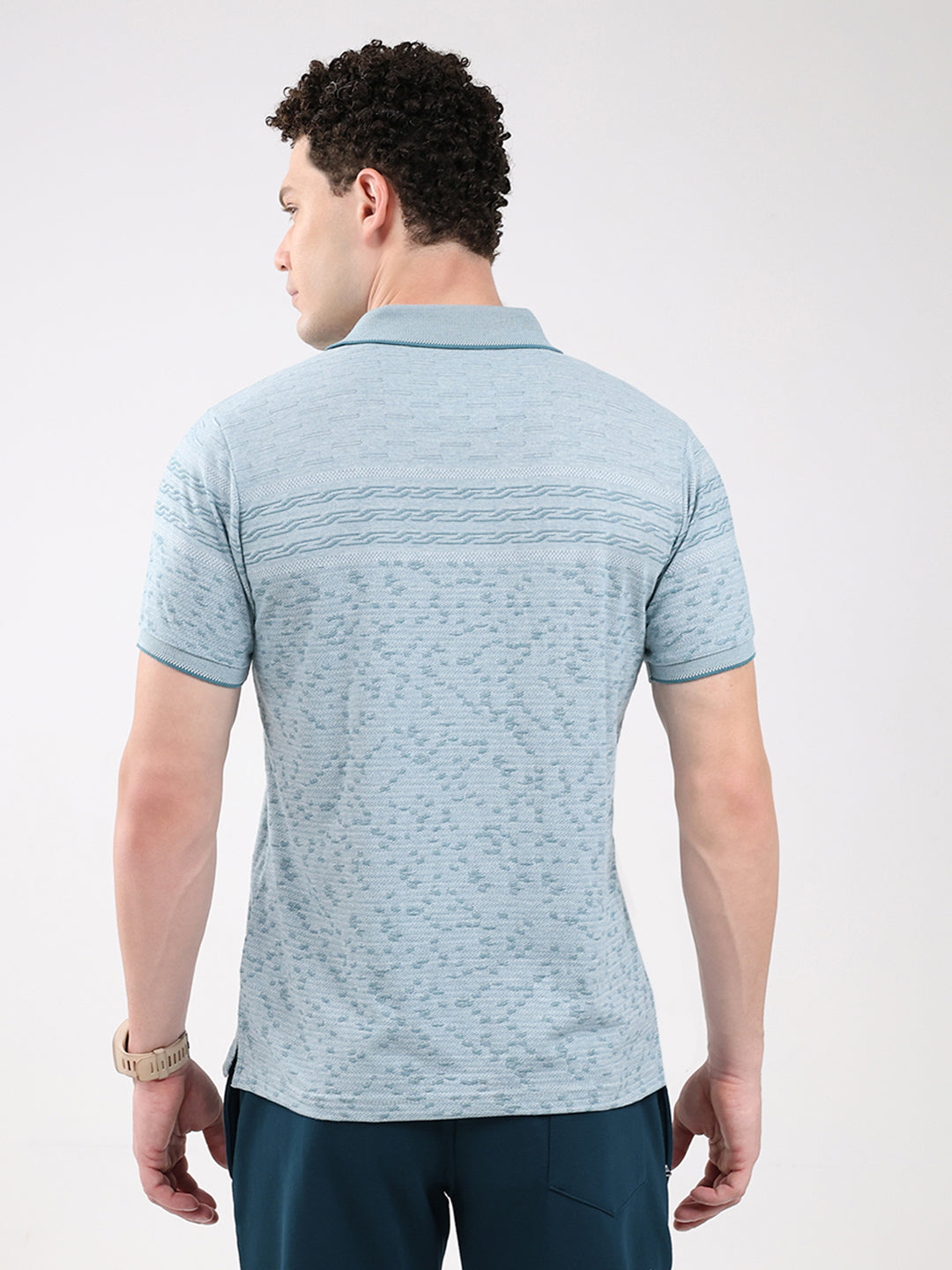 Men Turquoise Blue Stripe Collar Half Sleeve T-Shirt