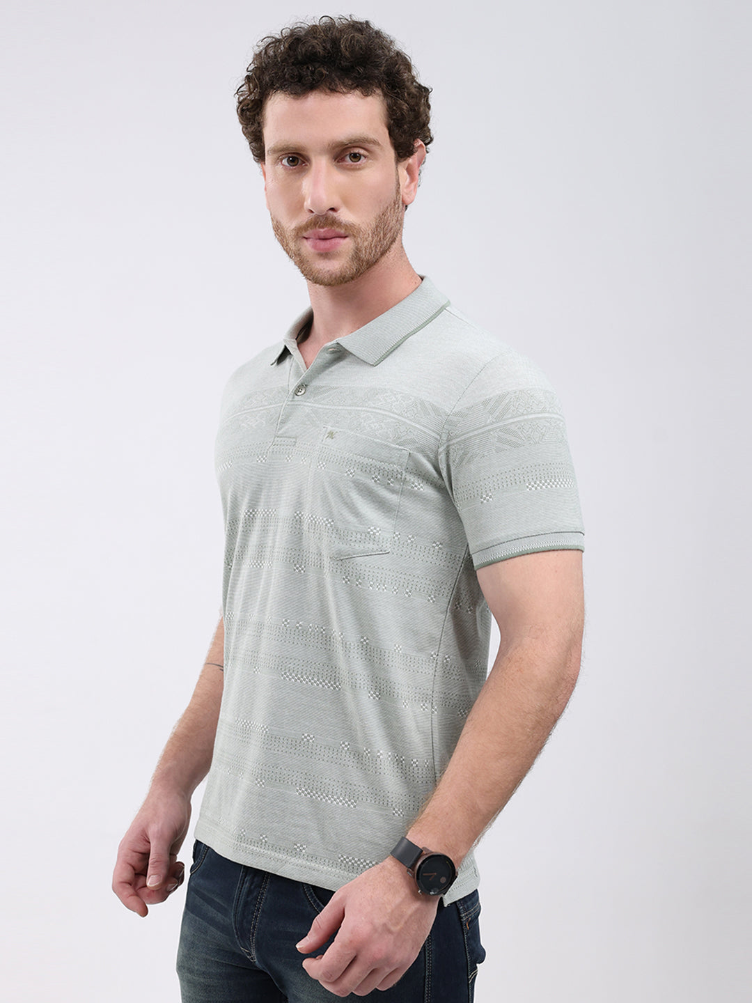 Men Green Stripe Collar Half Sleeve T-Shirt