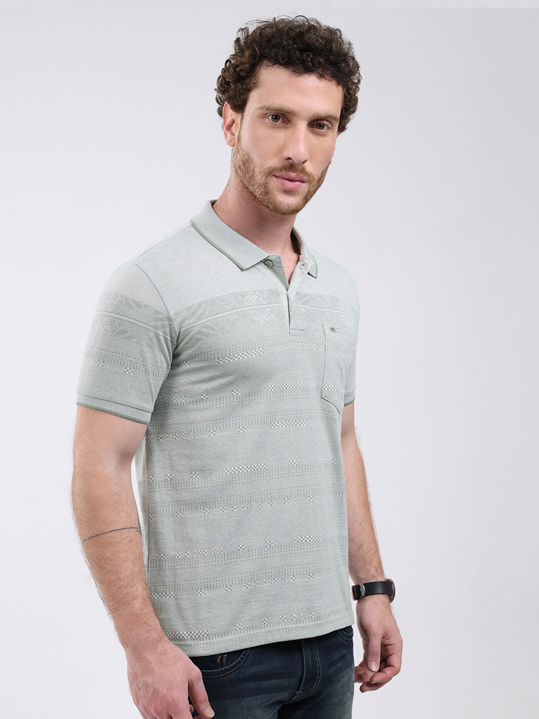 Men Green Stripe Collar Half Sleeve T-Shirt