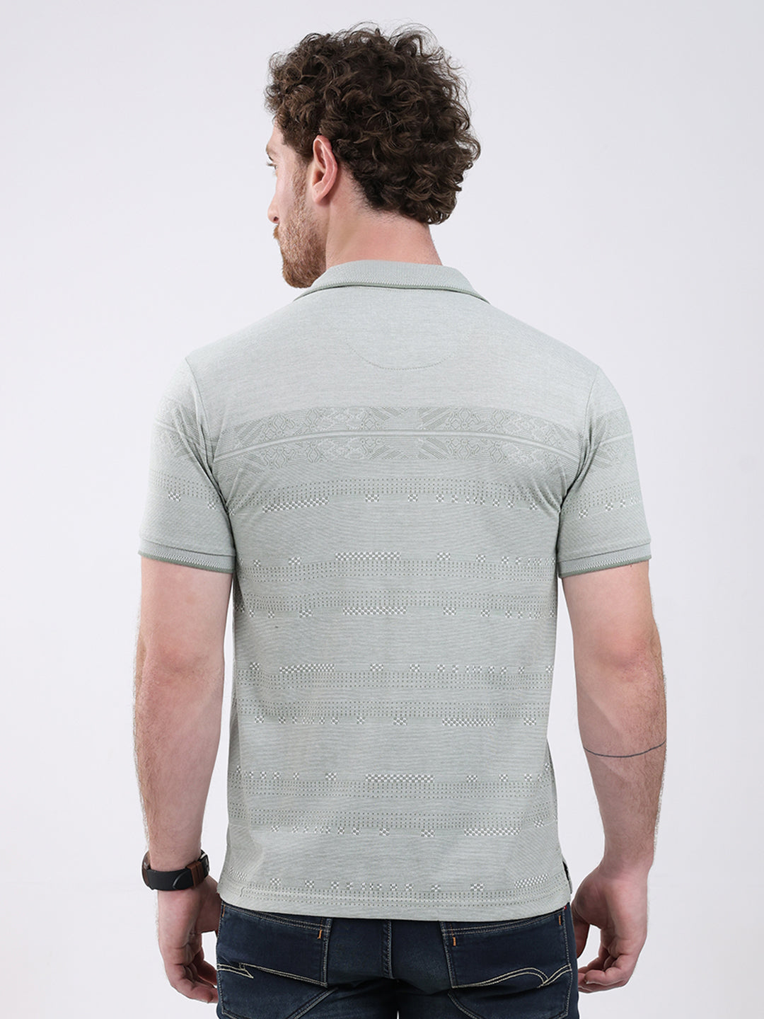 Men Green Stripe Collar Half Sleeve T-Shirt
