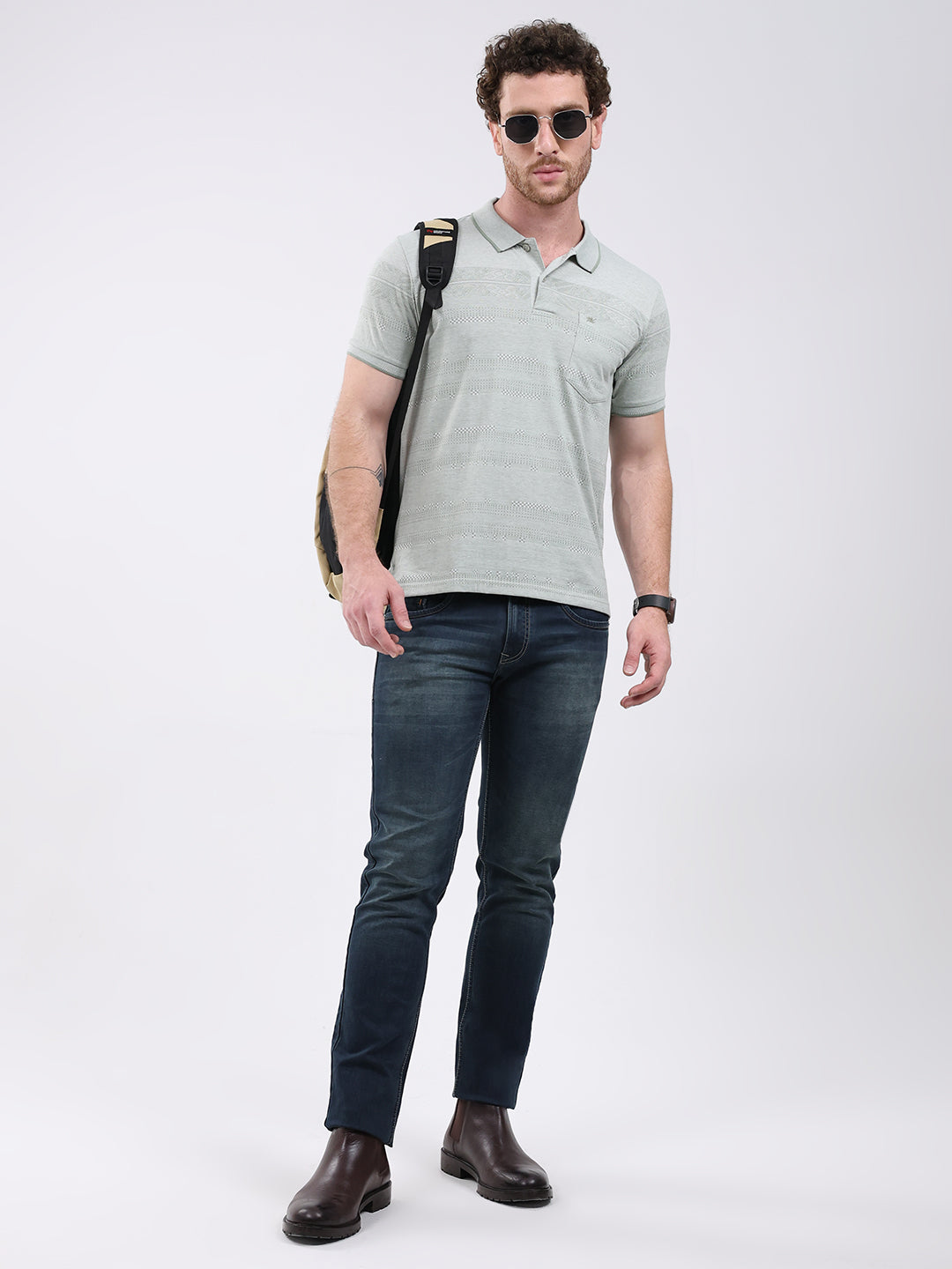 Men Green Stripe Collar Half Sleeve T-Shirt