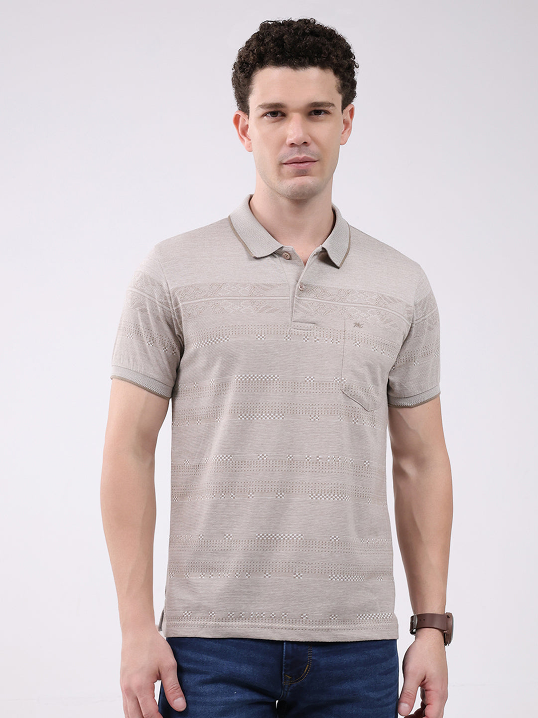 Men Beige Stripe Collar Half Sleeve T-Shirt