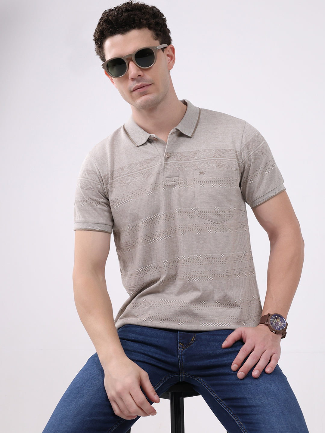 Men Beige Stripe Collar Half Sleeve T-Shirt