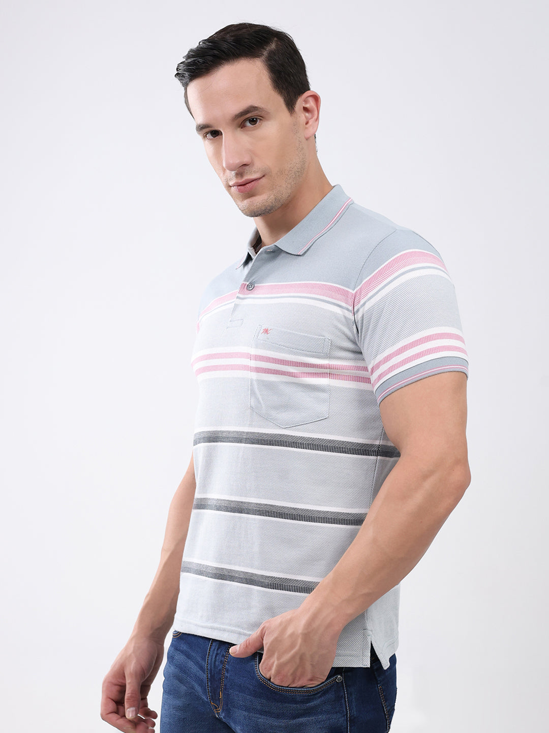 Men Grey Stripe Collar Half Sleeve T-Shirt