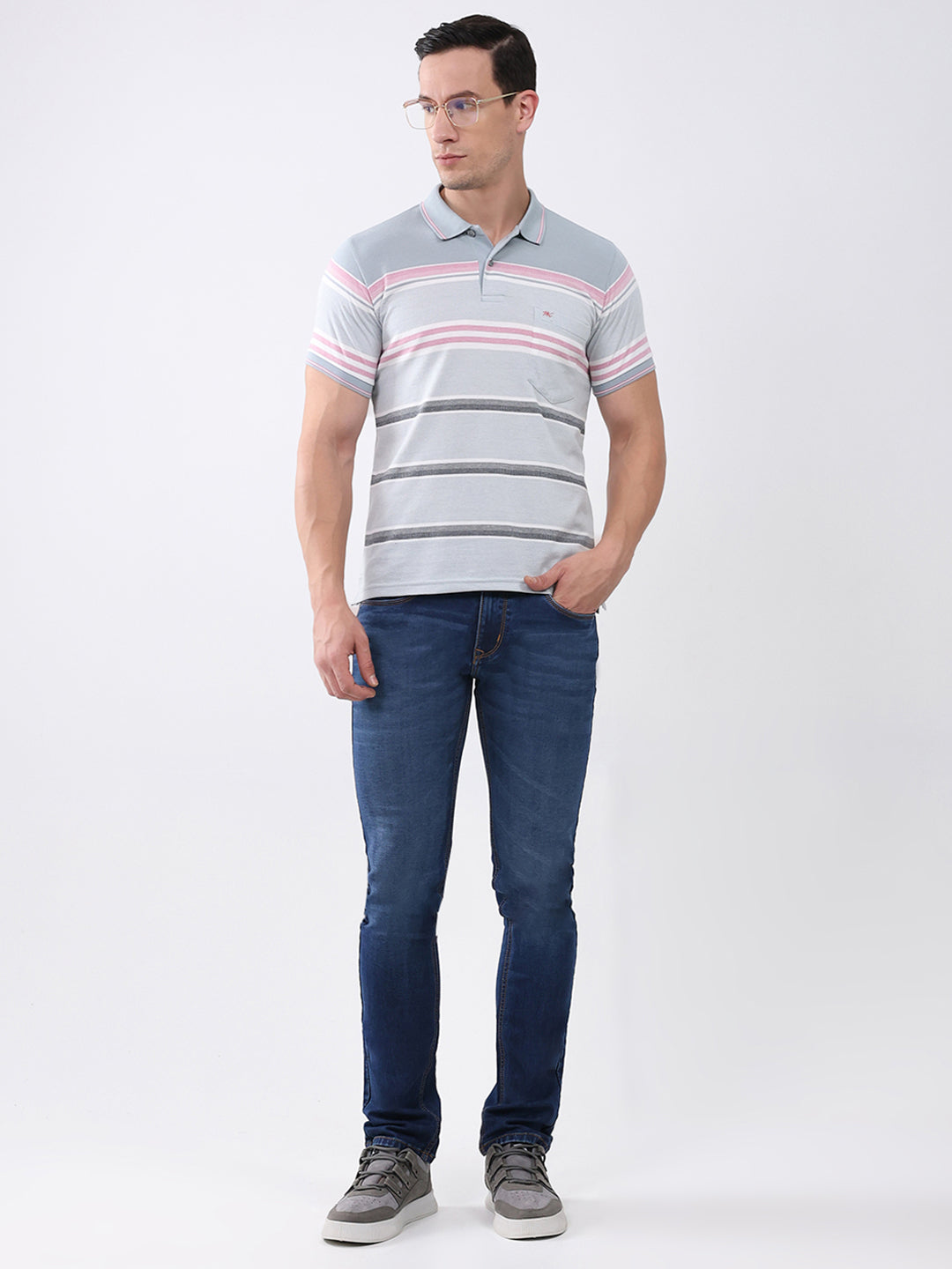 Men Grey Stripe Collar Half Sleeve T-Shirt