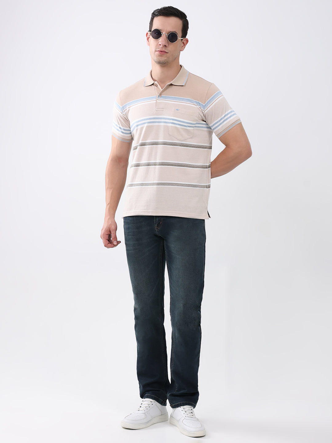 Men Beige Stripe Collar Half Sleeve T-Shirt