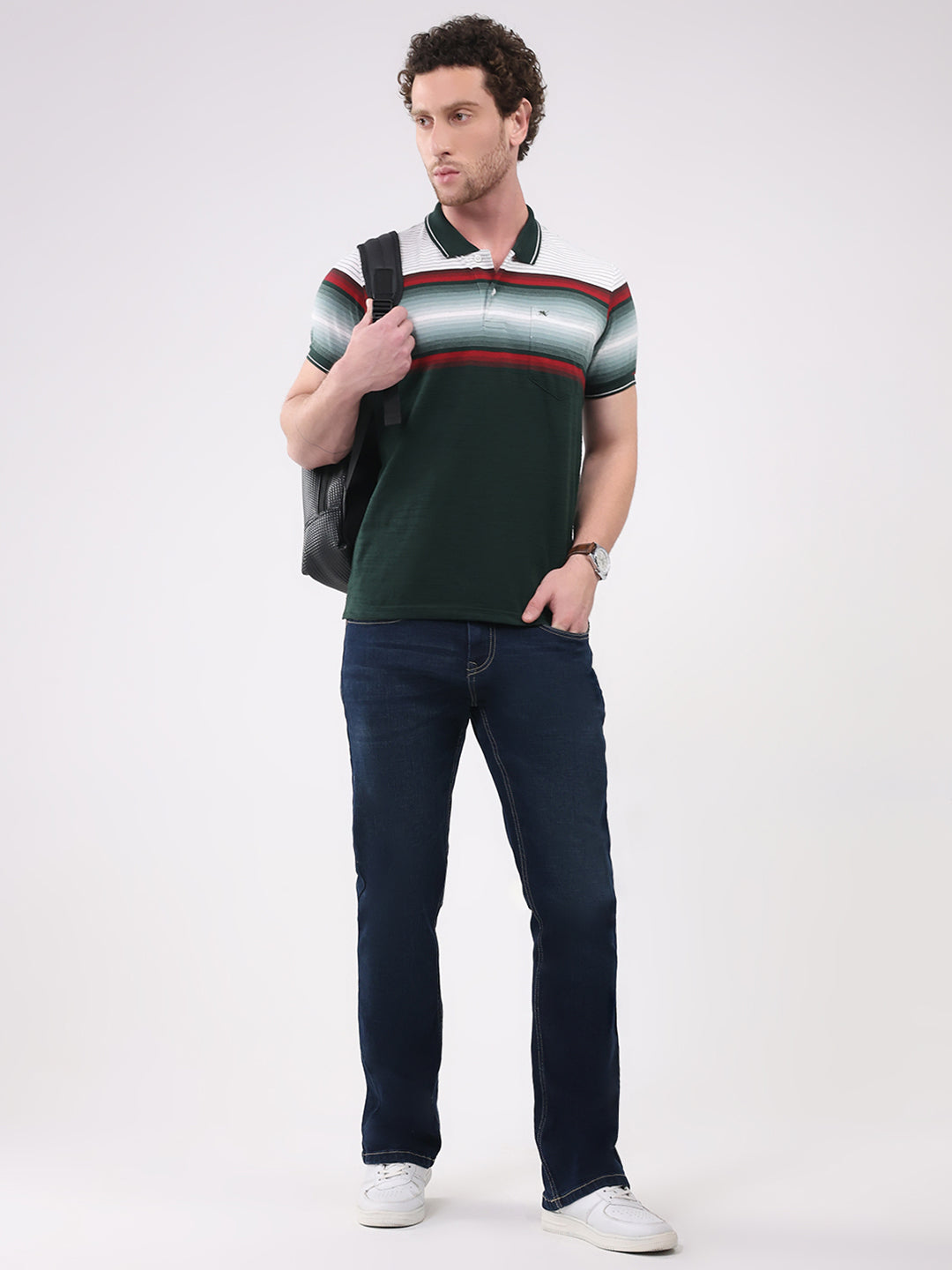 Men Green Stripe Collar Half Sleeve T-Shirt