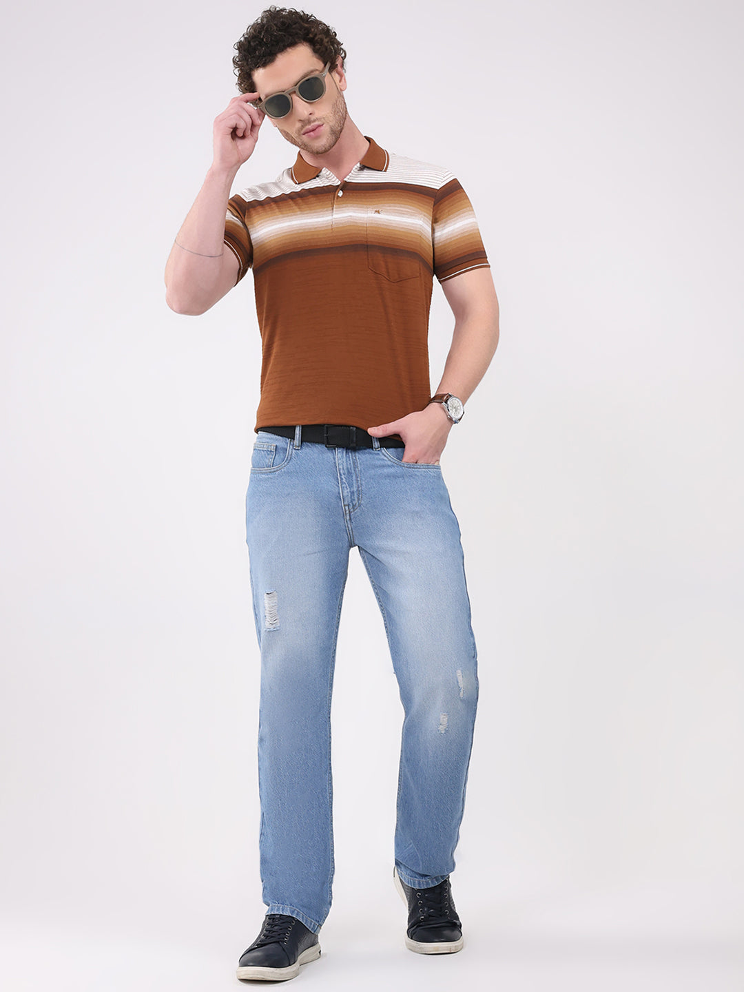 Men Brown Stripe Collar Half Sleeve T-Shirt