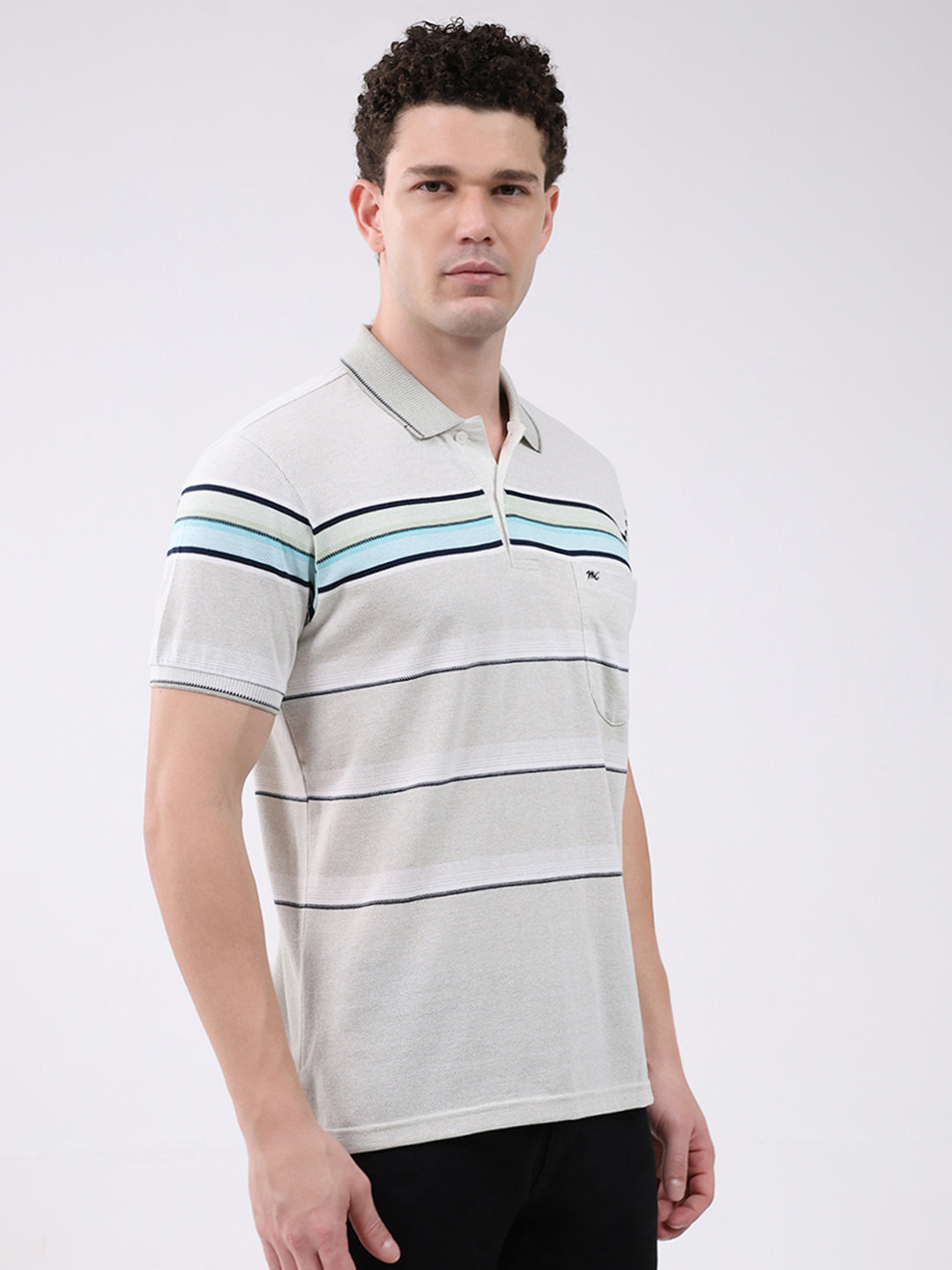 Men Off White Stripe Collar Half Sleeve T-Shirt
