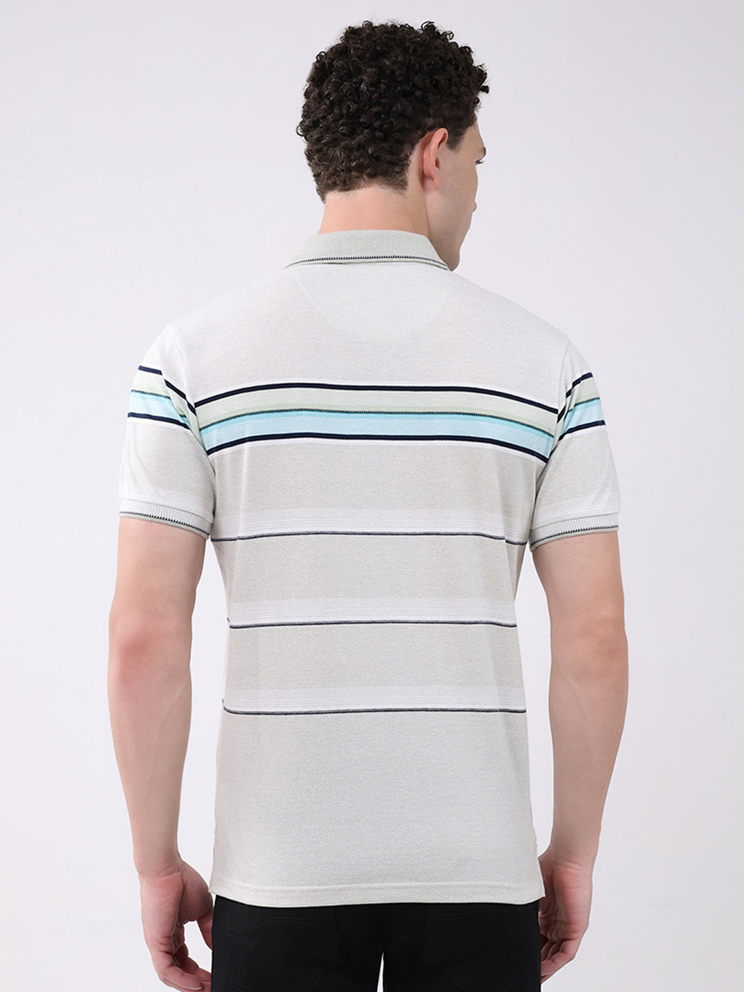 Men Off White Stripe Collar Half Sleeve T-Shirt