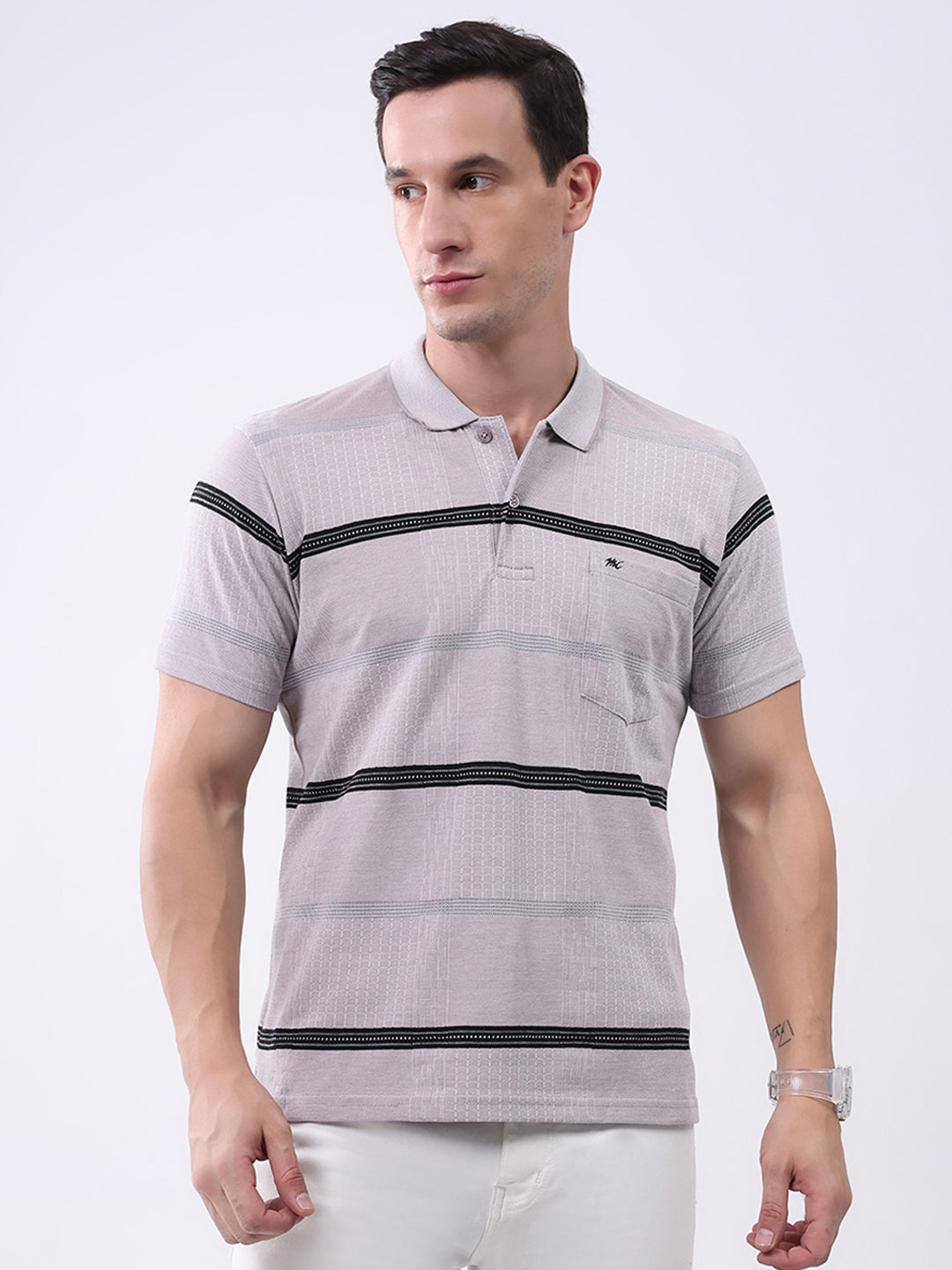 Men Grey Stripe Collar Half Sleeve T-Shirt