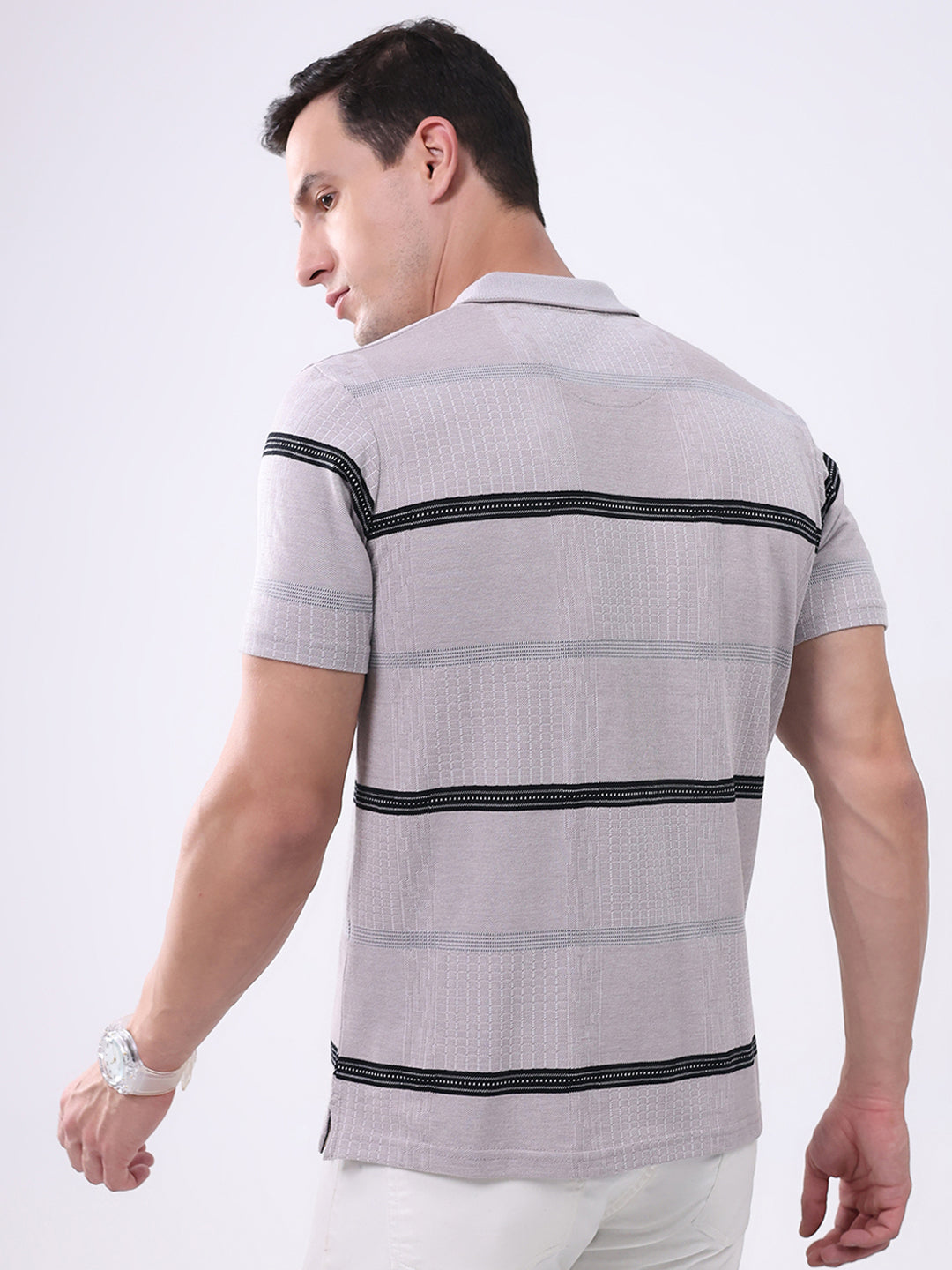 Men Grey Stripe Collar Half Sleeve T-Shirt